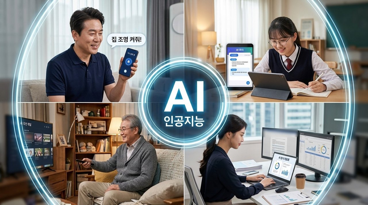 집, 학교, 거실, 사무실에서 사람들이 AI 음성 비서와 학습, 추천, 문서 작성 기능을 쓰는 네 가지 일상 장면