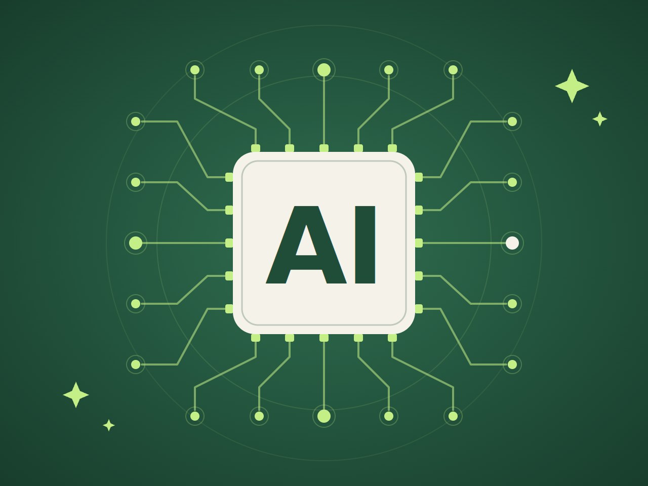 가운데 AI 글자가 적힌 칩에서 회로가 뻗어 나가는 인공지능 일러스트