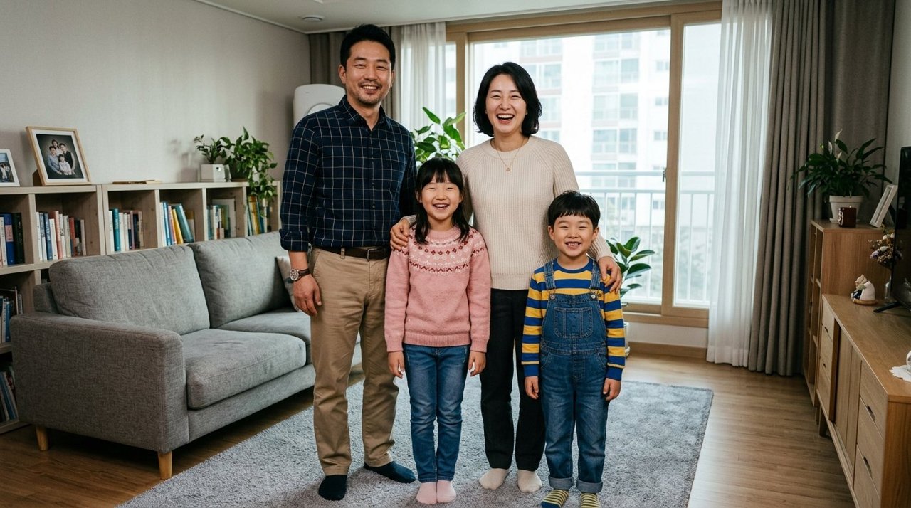 거실에서 두 자녀와 함께 환하게 웃고 있는 가족