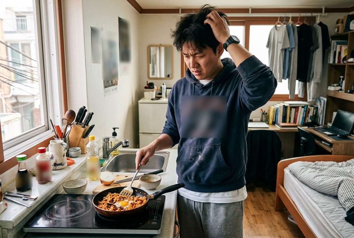 좁은 자취방 주방에서 프라이팬에 김치볶음밥을 만들며 머리를 긁적이는 사람