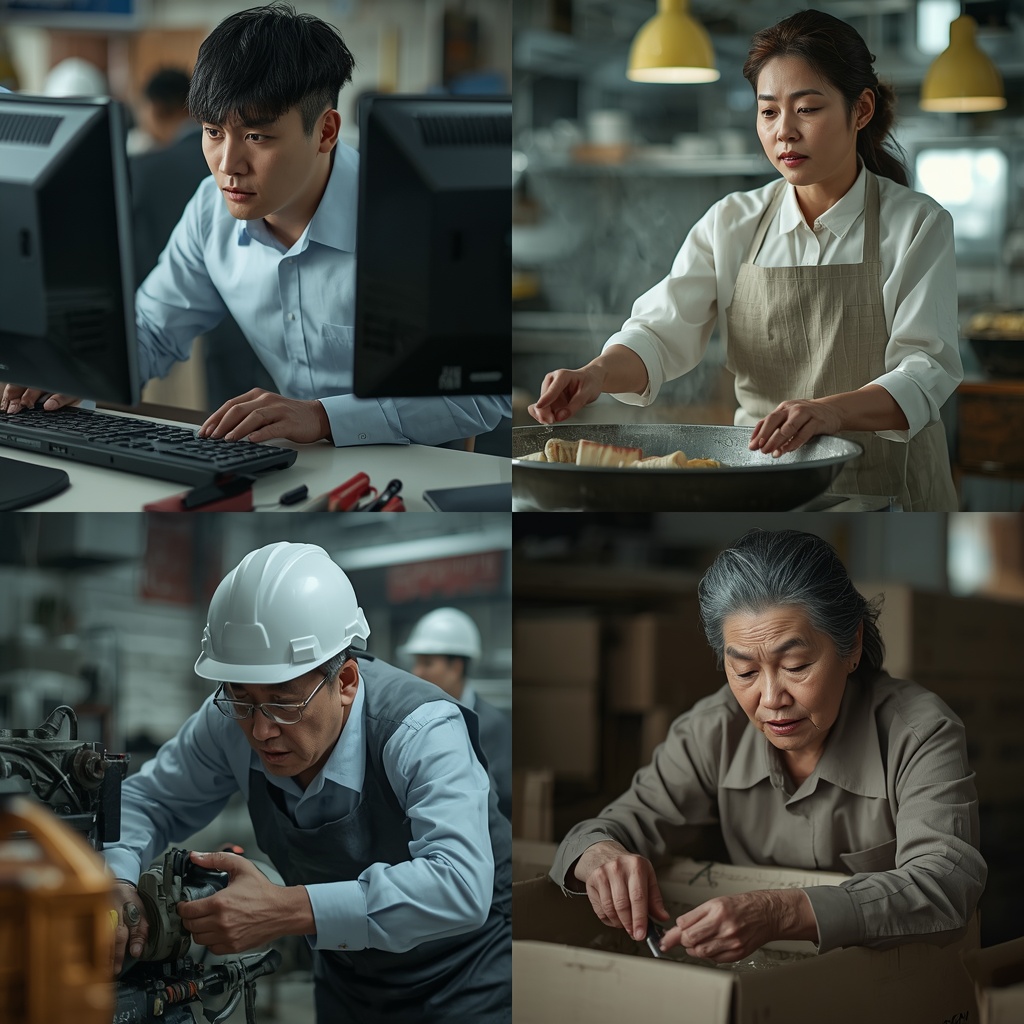사무실, 주방, 공장, 물류 창고에서 일하는 네 명의 근로자